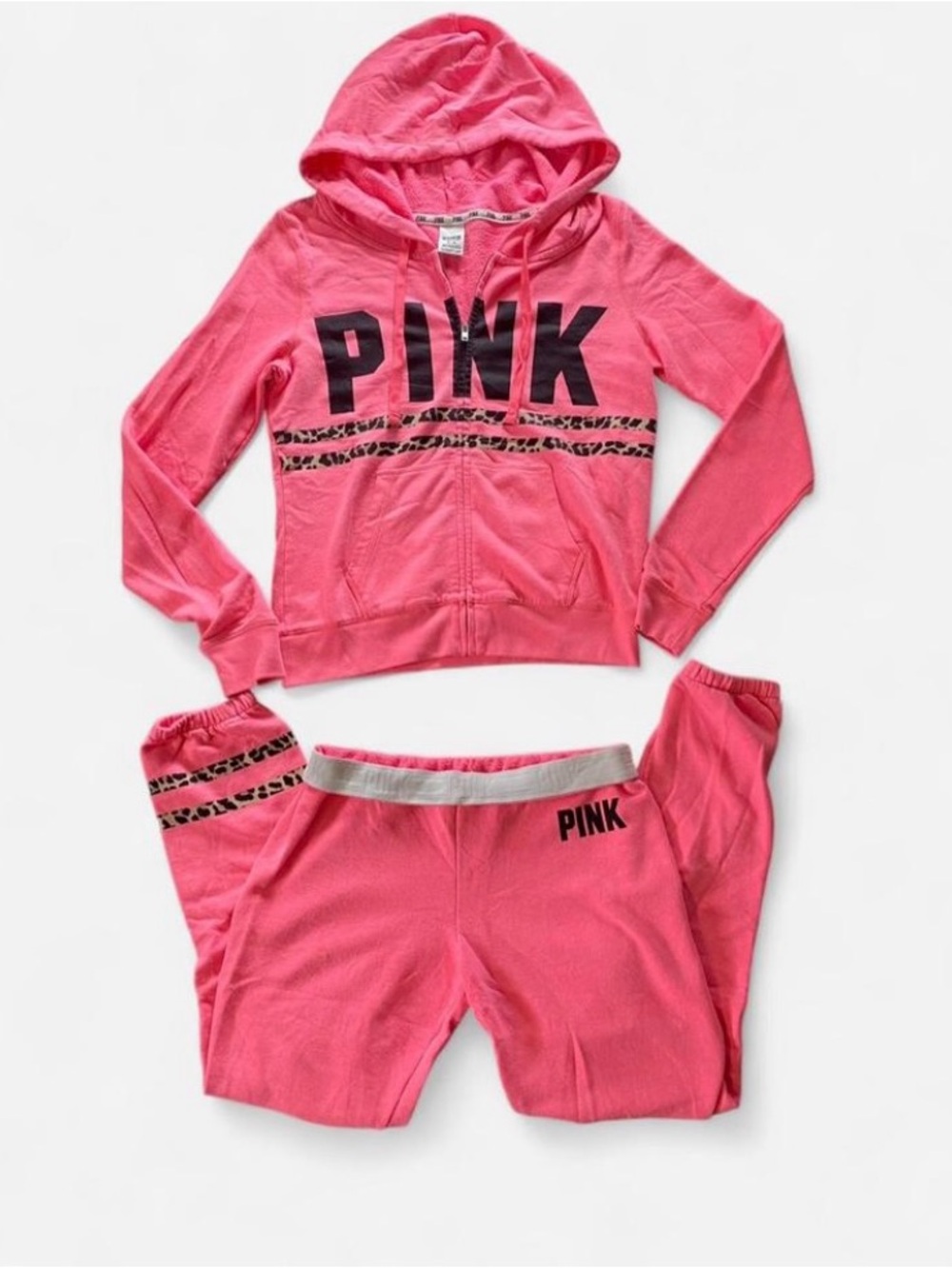 Victoria’s Secret PINK Hot Pink & Black with Leopard Print Zip Up & Sweats Set